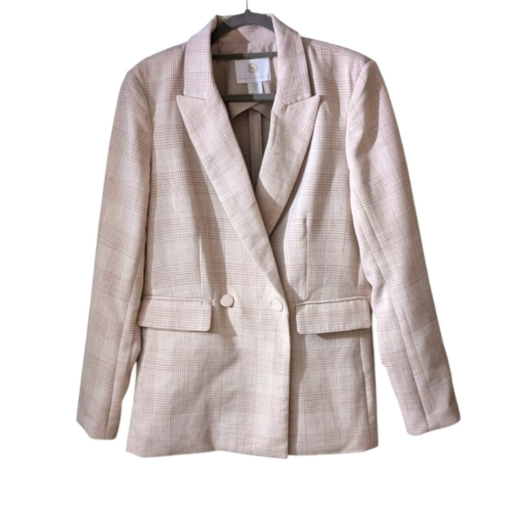 NWOT House of Harlow Women's 1960 Tan and Cream Plaid Double-Breasted Blazer